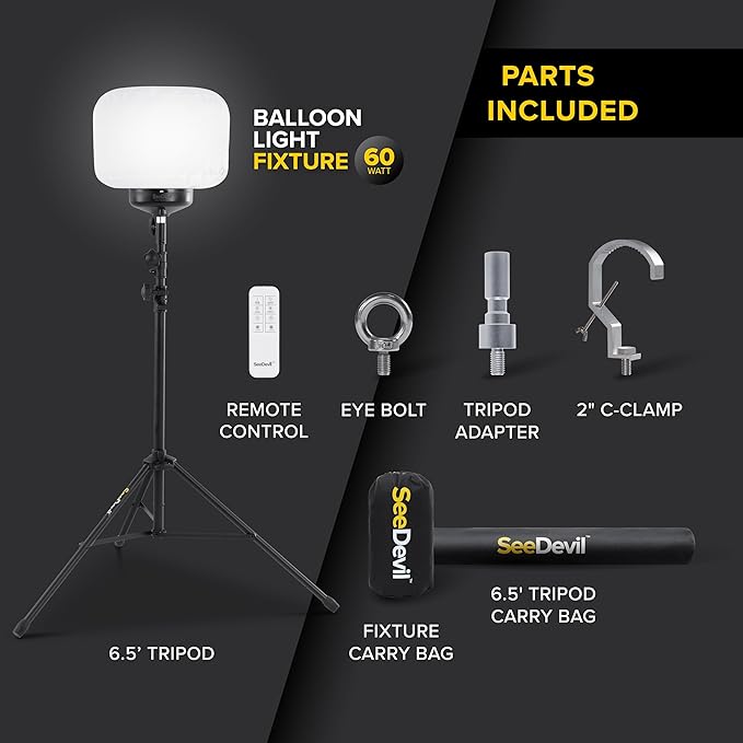 SeeDevil 60 Watt LED Balloon Light Kit, 120 Volt, 7,800 Lumen, 3000K - 5000K, Color Temperature Changing, 6.5 Ft Tripod, Glare Free Indoor/Outdoor Area Light, Remote/APP Dimmable