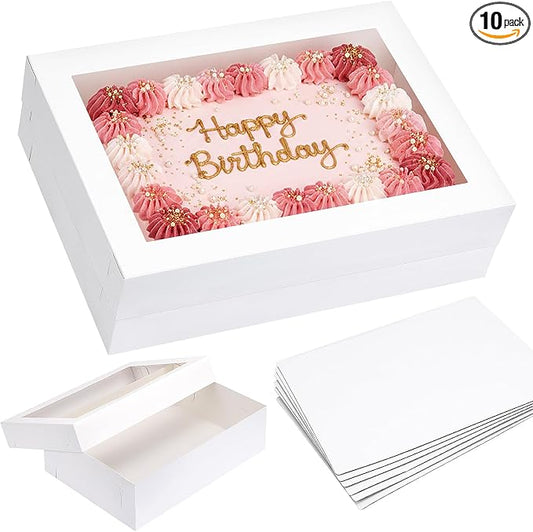 Moretoes 10pcs 14x10x4in Sheet Cake Boxes with Cake Board, White Rectangle Bakery Boxes with Window, for Quarter Sheet Cakes, Donuts, Cupcakes, Brownie&Pie