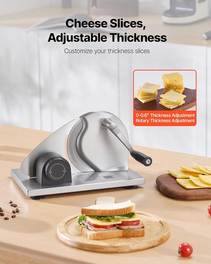 VEVOR Manual Bread Slicer, 0-0.6" Adjustable Thickness Cheese Cutter, Hand Cranked Slicer for Homemade Bread - with Serrated Stainless Steel Blade for Kitchen, Restaurant, Bakery, Party
