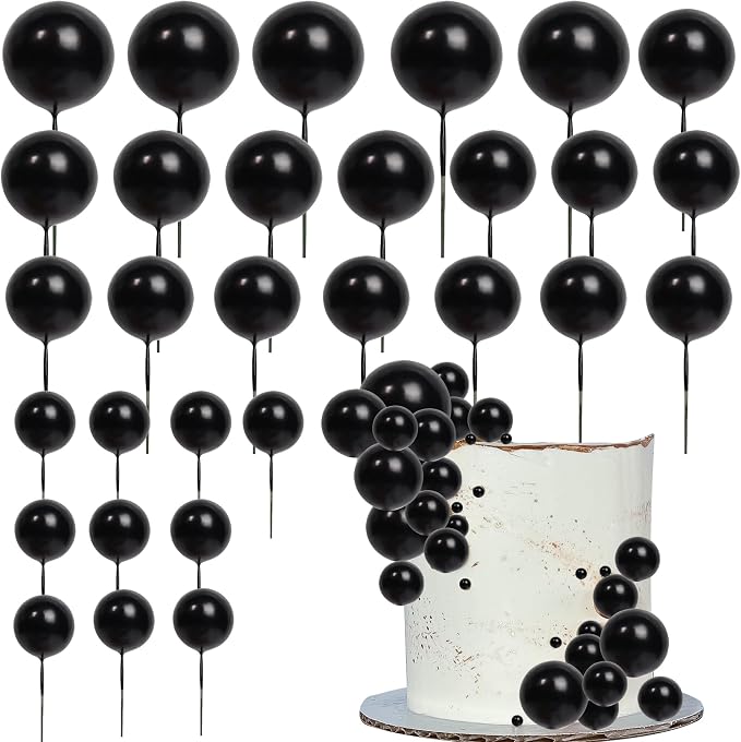 24 PCS Ball Cake Toppers Balls Cupcake Toppers Foam Ball Shaped Cake Picks DIY Balloons Cake Insert Topper for Wedding Enagement Baby Shower Birthday Party Cake Decorations Supplies Black