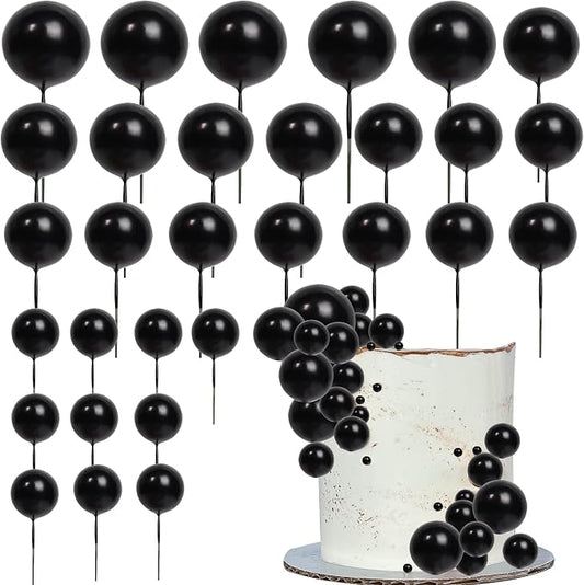 24 PCS Ball Cake Toppers Balls Cupcake Toppers Foam Ball Shaped Cake Picks DIY Balloons Cake Insert Topper for Wedding Enagement Baby Shower Birthday Party Cake Decorations Supplies Black