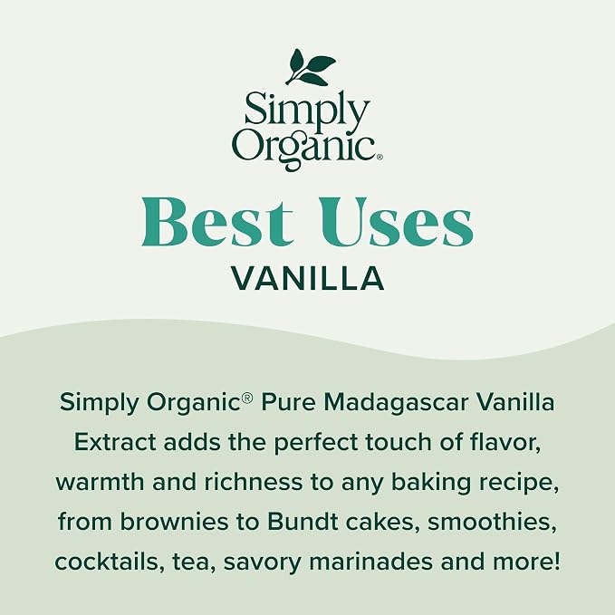 Simply Organic Pure Madagascar Vanilla Extract, 4-Ounce Glass Jar, Certified Organic, Sugar-Free Flavor For Smoothies (Pack of 1)