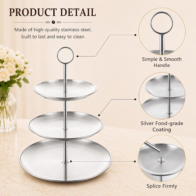 ABuff 3 Tiered Silver Cupcake Stand 2 Pack Stainless Steel Silver Tiered Dessert Stand Cupcake Display Tower 3 Tier Serving Tray Cake Stand for Baby Shower Birthday Party Wedding