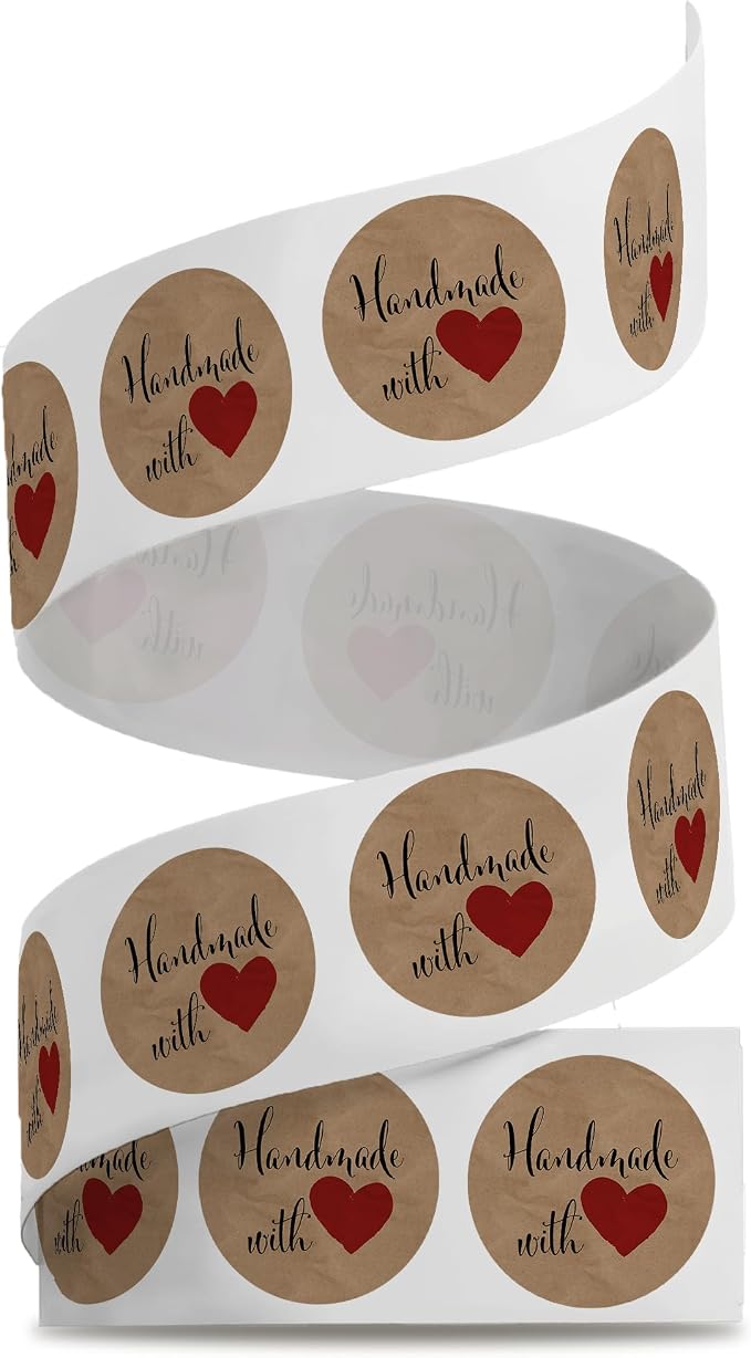 1.5 Inch Round 500 Count Handmade with Love Perforated Roll Stickers - Thank You Labels for Favors - Packing Thank You Stickers for Small Business Store Owners
