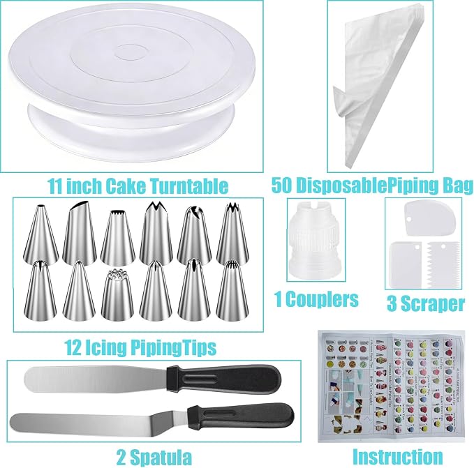 69 PCS Cake Decorating Kit, Baking Supplies - 12'' Cake Stand Turntable with 50 Piping Bags & 12 Piping Tips & Coupler & 2 Spatula& 3 Scrapers - ProfessionalCake Decorating Tools