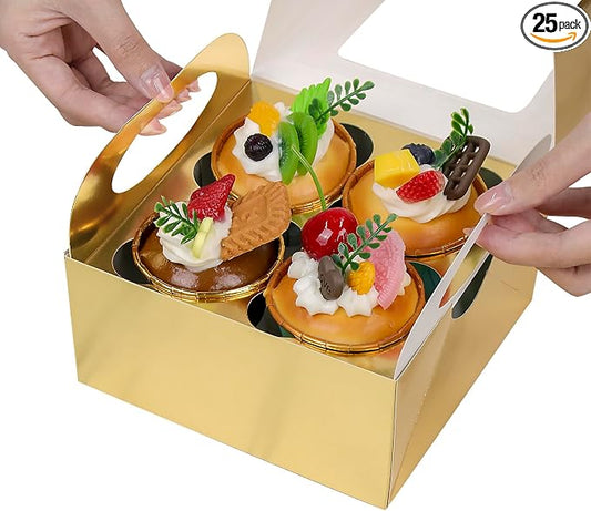 25 Gold Cupcake Boxes, 4 Count Cupcake Containers with Window and Inserts, 6.3×6.3×3 Inches Cupcake Holders for Cupcakes, Muffins, Cookies, Desserts, Pastries