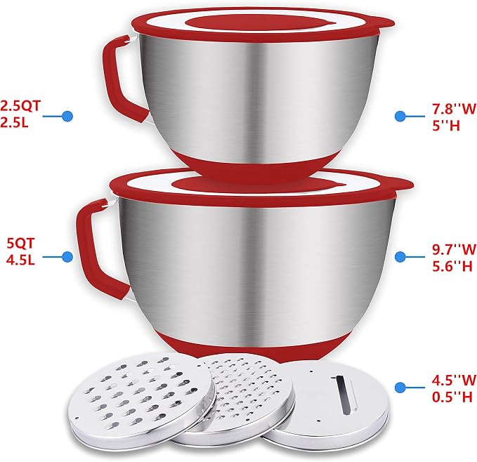 HAPPY KIT 304 Mixing Bowls with Lids Set of 2,Stainless Steel Mixing Bowl with Pour Spout, Non-slip Handle and Bottoms, 3 Grater Attachments, Measurement Marks & Lid, Size 5QT, 3QT(Red)