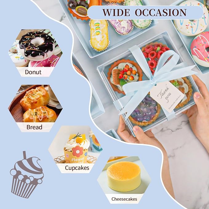 7 x 7 x 2.6 Inches Large Charcuterie Boxes with Clear Lids, 50 Pack Disposable Square Kraft Bakery Boxes, To Go Paper Food Container for Cake Slices, Sandwiches, Cookies, Dessert (Blue)
