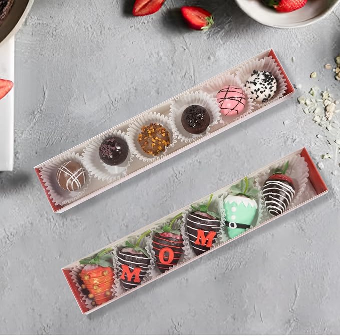 50Pack 12x2¼x2 Inch Chocolate Covered Strawberry Boxes for 6 Macaron boxes Chocolate Truffle Boxes Cookie boxes Bakery Boxes with Clear Window Washi Tape Boxes