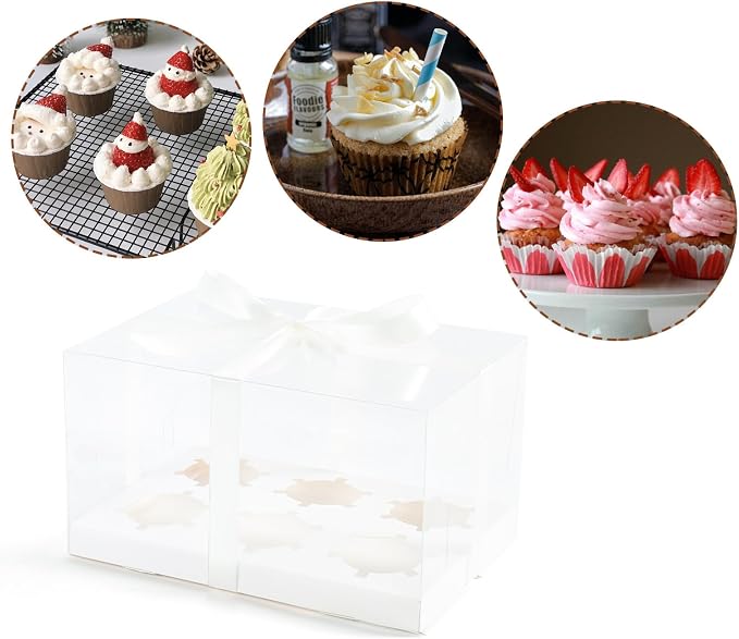 3Pcs Clear Cupcake Boxes,6 Count Cupcake Containers with Gift Ribbon,Plastic Cupcake Carrier Holder for Dessert Cookies Muffins Pastry (White/clear, 6 Count/3ps)