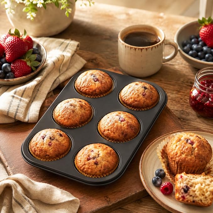 Premium Non-Stick Muffin Baking Pan,2Packs Cupcake Pan,Stainless steel 6-Cup Muffin Tin (Black)