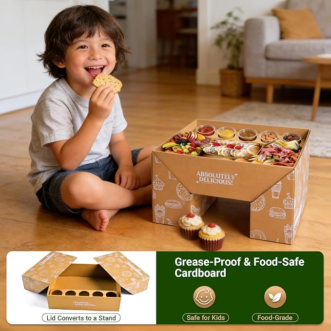 Cute Cardboard Charcuterie Boards with Lid Heavy Duty 10PK, Oil-Proof Pastry Box w/ Wax Paper, Disposable Platter Box Compostable for 4-8 People, Catering Travel Picnic Bakery TakeOut 13"x10"x4"