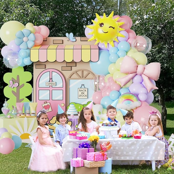 Macaron Pastel Rainbow Balloon Arch Kit,136Pcs Blue Dog Balloon Decor with Rainbow Sun Foil Balloons for Gender Neutral Baby Shower Birthday Kindergarten Classroom Fairy Tale Party Decor