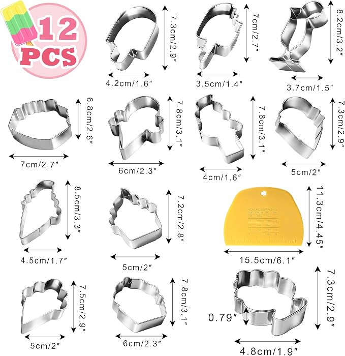 Ice Cream-Themed Cookie Cutter Set - 12Pcs Mini Cookie Cutters Variety Pack with Dough Scraper, Stainless Steel Cookie Mold for Biscuits, Fondant, Sandwiches and Pancakes