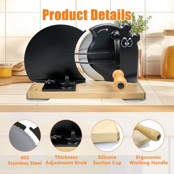 Manual Bread Slicer for Homemade Sourdough Bread with Strong Suction Base | 0-0.75" Adjustable Thickness, 402 Stainless Steel Blade, Beech Wood Base, Homemade Bread Toast Bagel Cutter