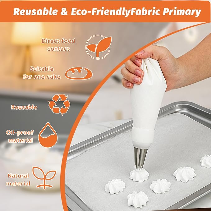 Reusable cotton Piping Bags and Tips Set, for Cupcakes/Cookies Decorating