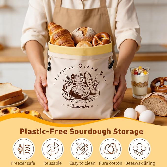2 Pack Beeswax Bread Bags for Sourdough Homemade Bread – 17x13 Inch XL, Reusable Bread Storage Bags with Natural Cotton & Beeswax Lining to Keep Loaves Fresh, Freezer Safe