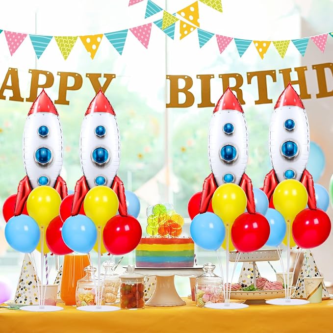 4 Sets Toy Inspired Themed Party Balloons Stand Kit With 4 Rocket Foil Balloons Toy Themed Red Blue Yellow Balloon Centerpiece for Tables for Boys Birthday Baby Shower Cartoon Party Decorations