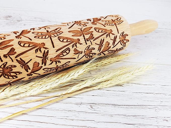 DRAGONFLY EMBOSSING ROLLING PIN WOODEN EMBOSSING ROLLING PIN with DRAGONFLY for EMBOSSED COOKIES GIFT for MOTHER FRIEND