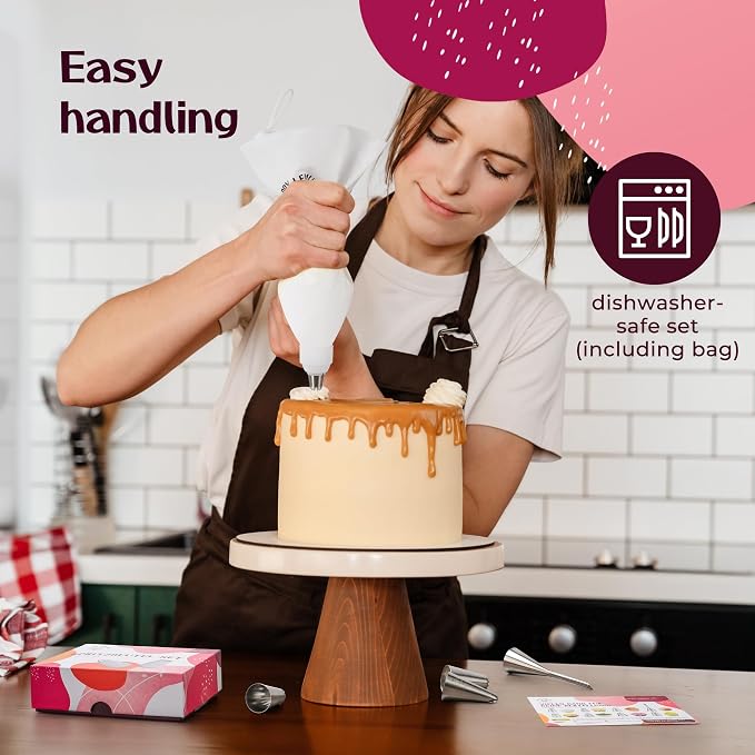 Premium Reusable Piping Bags and Tips Set - Cotton Pastry Bag 16" with 8 Large Icing Tips for Cake Decorating - Large Piping Tips Set - Dishwasher Safe