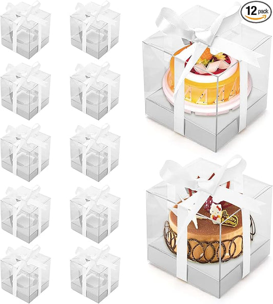 12 Pack Clear Plastic Cupcake Boxes, 3.5 Inch Silver Single Cupcake Containers Disposable Individual Cupcake Carrier Holder Box with Inserts and Ribbon Clear Boxes for Cupcakes (Silver)