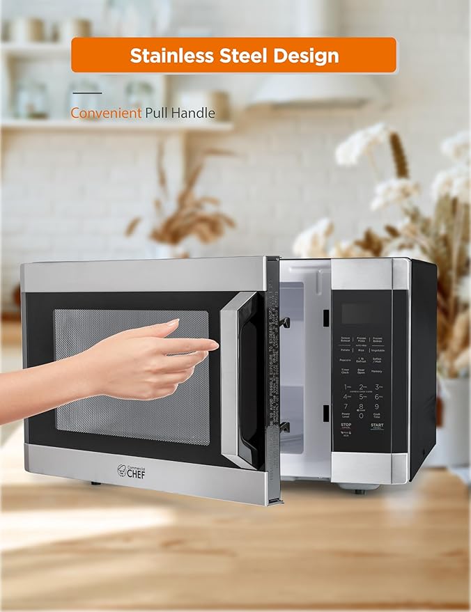 COMMERCIAL CHEF 1.6 Cubic Foot Microwave with 10 Power Levels, Small Microwave with Pull Handle Child Safety Lock, 1100 Watt Microwave with Digital Control Panels,Stainless Steel