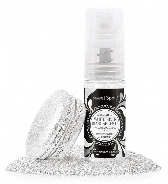 Sweet Spell Edible Cake Glitter Spray – Shimmering Magic for Cakes Decorating & Cocktails – 100% Edible, Food-Grade, Vegan, Gluten-Free (White Silver)