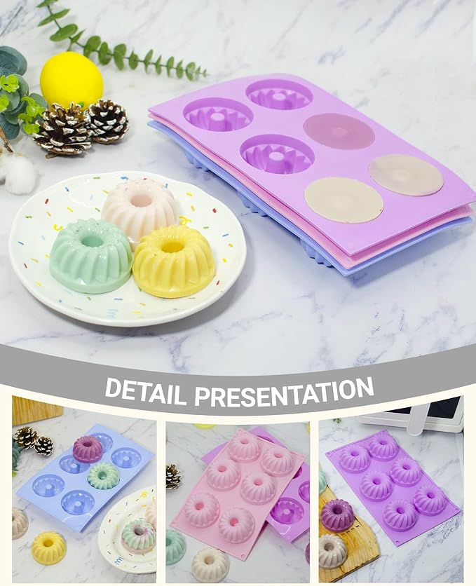 LGQUK Jello Molds 3pcs Silicone Fluted Tube Cake Pans, 6-Cavity Non Stick Silicone Baking Molds for Cupcake, Donuts,Muffin, Cornbread, Brownie, Jellies (Purple+Blue+Pink, Fluted Tube)