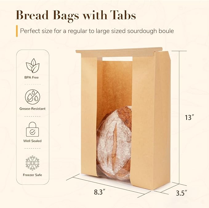 100 Pack Paper Bread Bags for Sourdough, Large Bread Bags with Tabs for Homemade Bread Round Sourdough Loaf Bags for Gifting (8.3x3.5×13 Inches) | Grease Resistant