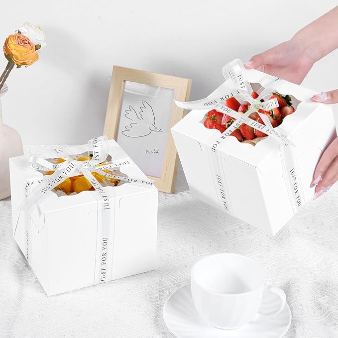 48PCS 7x7x5 inch Mini Cake Boxes with Cake Boards(24 Boxes &24 Boards) , White Bakery Boxes with Window for Pastries,Cake Containers with Ribbon for Cookies Gifts and Birthday Party(7*7*5inch/24pcs)