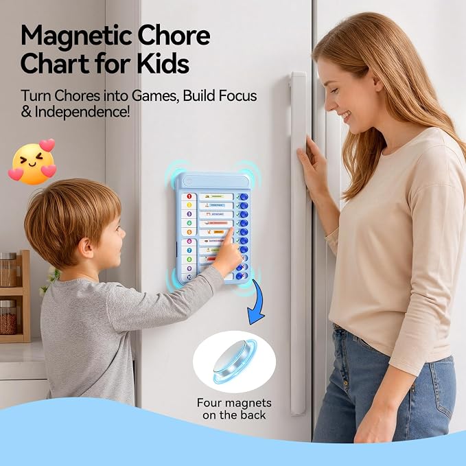 Magnetic Chore Chart Board with Sliders 19 Personalizable Sheets and Marker, Magnetic Fridge Whiteboard for Checklist Chore Chart for Multiple Kids, Daily Routine Chart for Habit Tracker - Blue