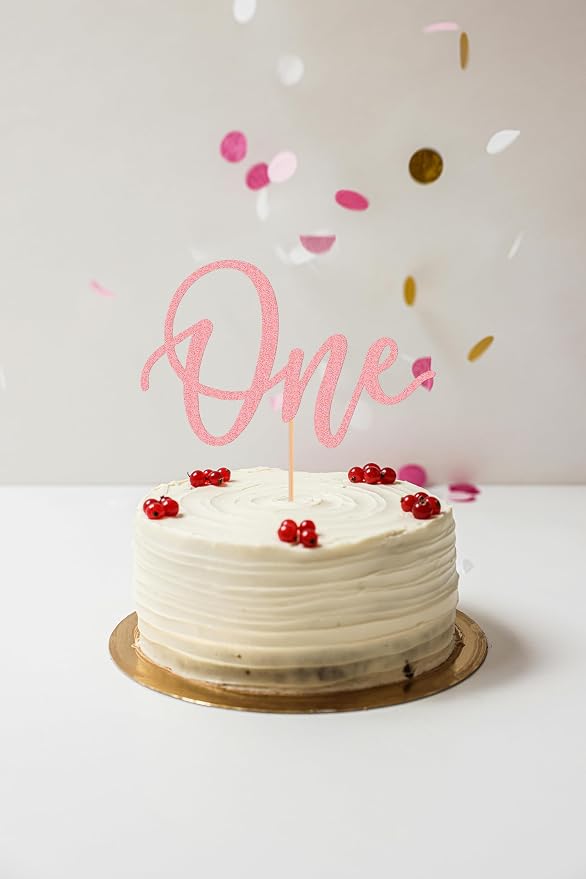 MYAMPED First Birthday Cake Topper - Glitter Pink 'One' Sign, Suitable for Shower Favors, Gender Reveal, Party or Photo Booth Props