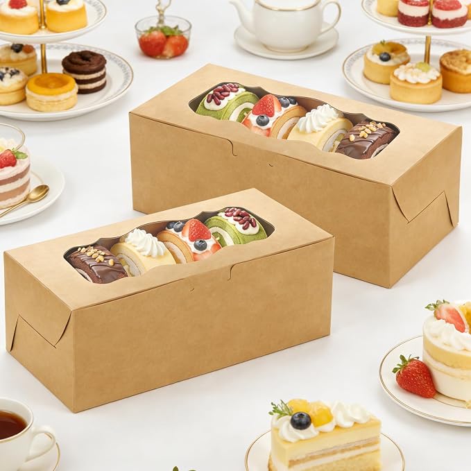 QTLCOHD 50 Pcs Bakery Boxes with Window 9 x 4 x 3.5 Inch Brown Bakery Boxes | Dessert Container with Sticker for Pies, Chocolate, Strawberries, Muffins, Donuts, Pastry, Christmas, Candy