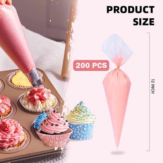 Homrelaxy 200 Pcs 12 Inch Tipless Piping Bags, Disposable Thick Plastic Pastry Bags for Frosting, Anti-Burst Icing Bag for Decorating Cakes, Cupcakes, Cookies & Baking