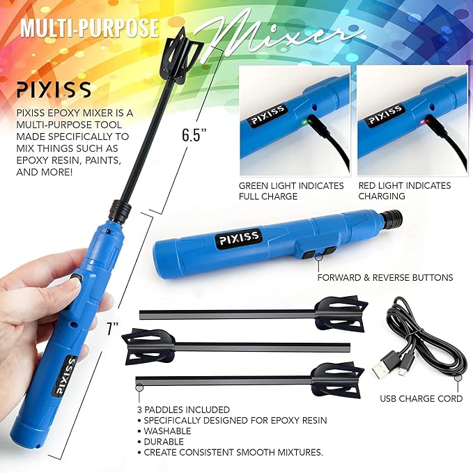 Pixiss Premium Resin Mixer, Handheld Rechargeable Epoxy Mixer Pro Grade, Stirrer for Resin, DIY Crafts Tumbler, Silicone Mixing - Includes 20 Cups, Bundle C (Medium)