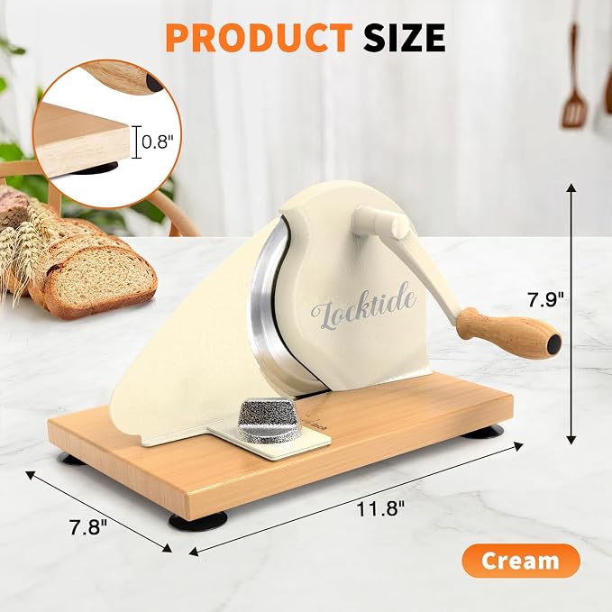 Manual Bread Slicer for Homemade Sourdough Bread, Hand Crank Bread Slicer With Scale Line, Suction Cups and Quality Solid Wood Base, Adjustable Thickness, Evenly Slice