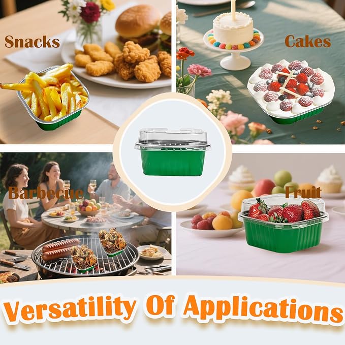 50 Pcs Mini Square Baking Cups with Lids,5oz Aluminum Foil Mini Cake Pans with Lids,Disposable Ramekins Cake Pans,150ml Dessert Cups Cupcake Pans for Wedding Birthday Party,Dark Green
