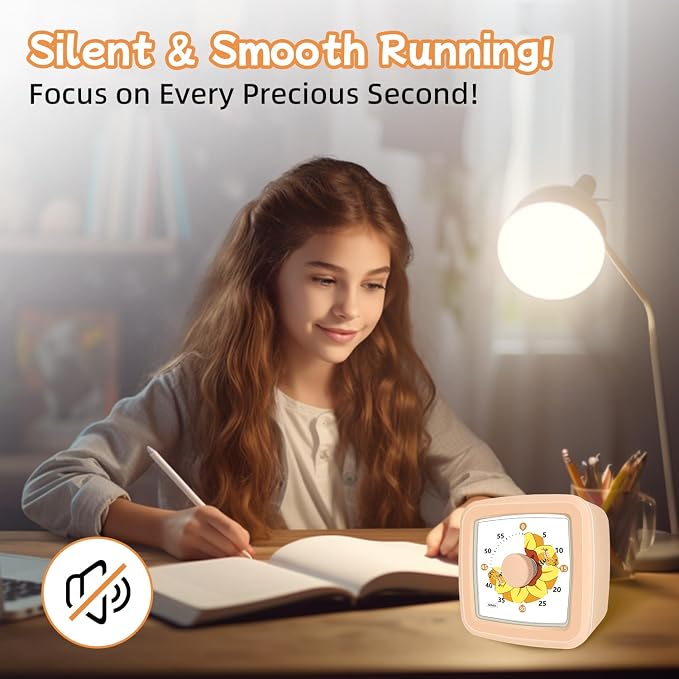 Visual Timer for Kids 60 Minute – Silent Countdown Clock Timers with Sunflower & Bee Design, Desk Timers for Classroom Must Haves Focus Aid, Toddler Timer for Home Kitchen Homework, Orange