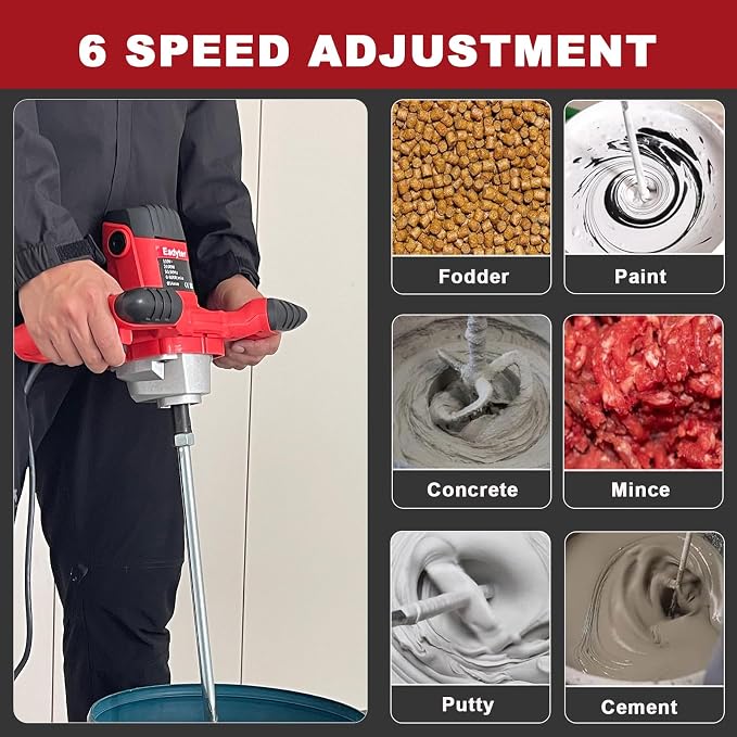 Cement Mixer, Handheld Electric Concrete Mixer, Portable Mortar Mixer with 6 Adjustable Speed, 110V Mud Mixer Machine Drill Tool for Paint Mortar Fodder Mixing Drywall Grout Plaster (Red)