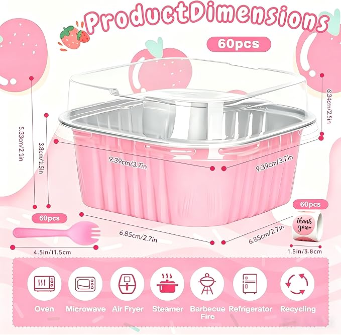 60Pack 5oz Pink Mini Cake Pans with Lids, Spoons and Stickers Baking Cups Aluminum Foil Pans Tins, Individual Dessert Cups Containers for Sales,Party,Picnics