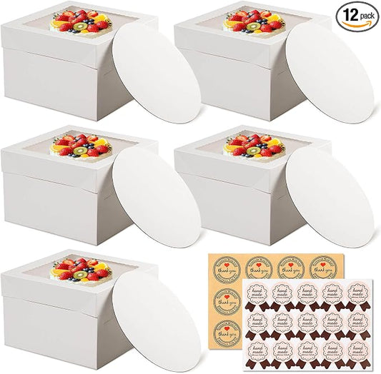 12 Pcs Cake Boxes 12 inch,12x12x8 Inches Cake Box with Window, 5 Pcs Tall 12x12 Cakes Boxes with 5 Pcs Cake Boards, Large Baking Boxes, White Square Cakes Containers for Multi-Layer Cakes