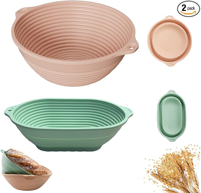 2-Pack Silicone Bread Proofing Basket,10" & 9" Collapsible Banneton for Sourdough, Non-Stick Dishwasher Safe Alternative to Rattan, Professional Baking Supplies (Round Pink+Oval Green)