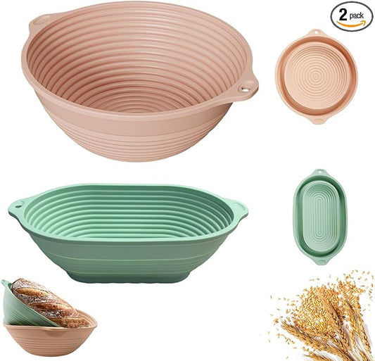 2-Pack Silicone Bread Proofing Basket,10" & 9" Collapsible Banneton for Sourdough, Non-Stick Dishwasher Safe Alternative to Rattan, Professional Baking Supplies (Round Pink+Oval Green)