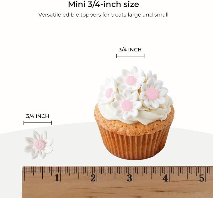 144 Count Edible Daisy Cake Decorations, Mini Edible Flowers, White & Pink Sugar Flowers, Daisy Cupcake Toppers for Cakes & Cupcakes, Edible Cake Decorations, Global Sugar Art (3/4 Inch)