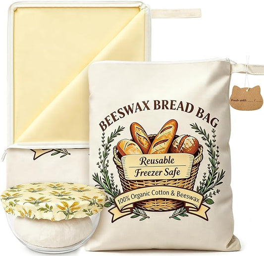 Beeswax Bread Bags with Zipper Seal – Extra Large 13"x17", Reusable, Breathable Cotton Linen Sourdough Bags, 2 Packs XL Bread Bags, with 1pcs Bowl Cover, 6pcs Paper String Tags