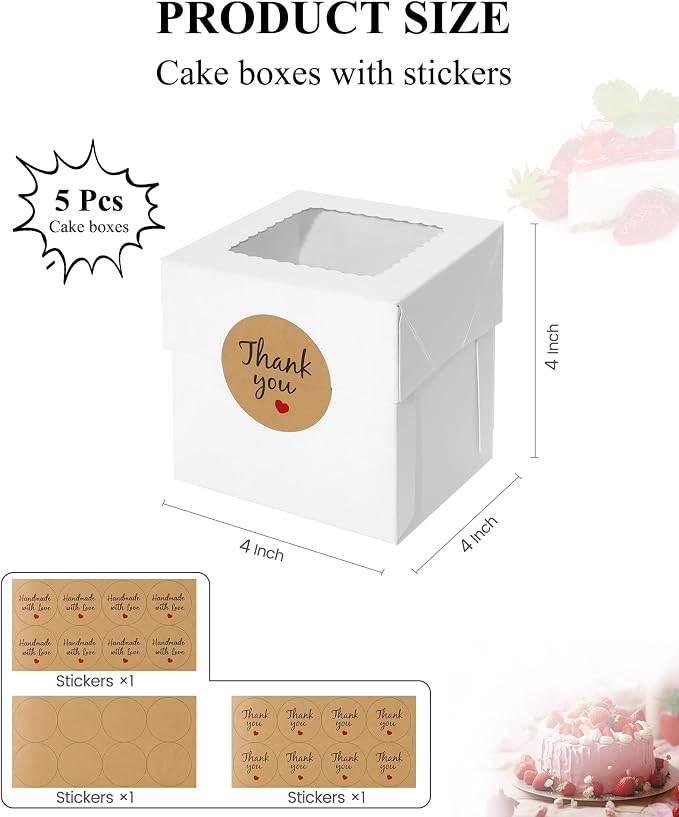 COTOPHER 5Pcs Mini Cake Boxes, 4x4x4 Inches Bakery Boxes with Window, Small Dessert Box Cake Packaging for Pastries, Cookies, Chocolates, Cupcakes, Birthday Party, Wedding
