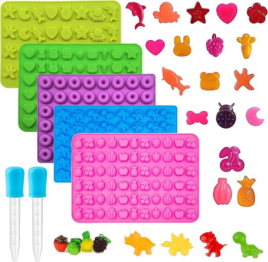 5Pcs Gummy Candy Molds - Silicone Gummy Dinosaur/Marine Animal/Donut/Small Hearts Shapes/Fruit Snack Mold with 2pcs Dropper,Non-stick and Bpa Free for Mini Candy Chocolate Gummies Baking