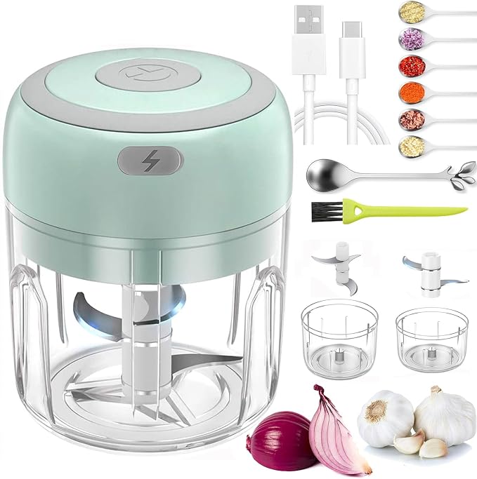 Electric Mini Garlic Chopper & Food Processor with Spoon & Brush - 2 Cup Portable Cordless Vegetable Blender, Onion Mincer with USB Charging for Baby Food, Chili, Herbs, Spices(Green 100+250ml)