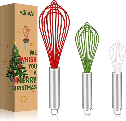 OYV Christmas Whisk Set – 3 Sizes (12”, 10”, 8”) – Holiday Red, Green & White Stainless Steel Whisks for Baking, Cooking & Mixing, Christmas Gift for Bakers & Home Chefs