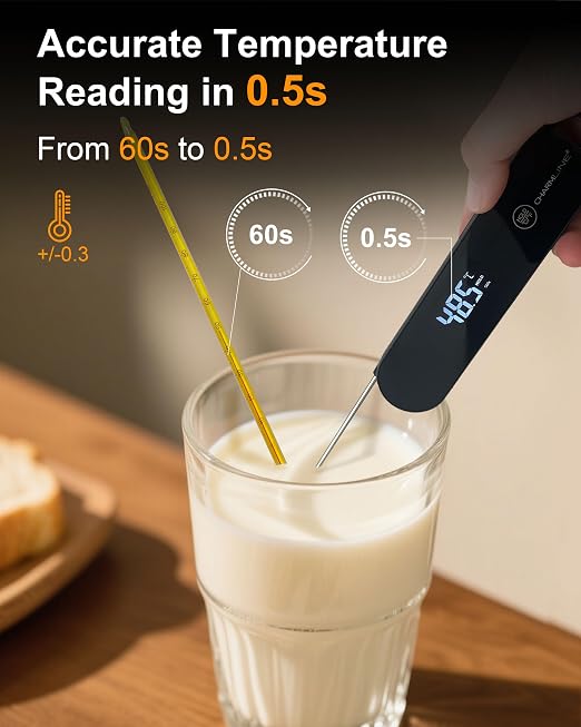 Charmline 0.5 Sec Instant Read Meat Thermometer Digital, 180° Auto-Rotating Display LED, Food Thermometer for Cooking, Baking and Grilling, Dual Battery Design for Longer-Lasting Performance